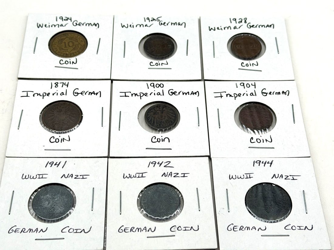 (9) Group of Germany Coins: Imperial, Weimar, Third Reich: (9) Group of Germany Coins: Imperial, Weimar, Third Reich: Includes Third Reich 1941, 1942, 1944. Weimar 1924, 1925, 1928. Imperial 1874, 1900, 1904.