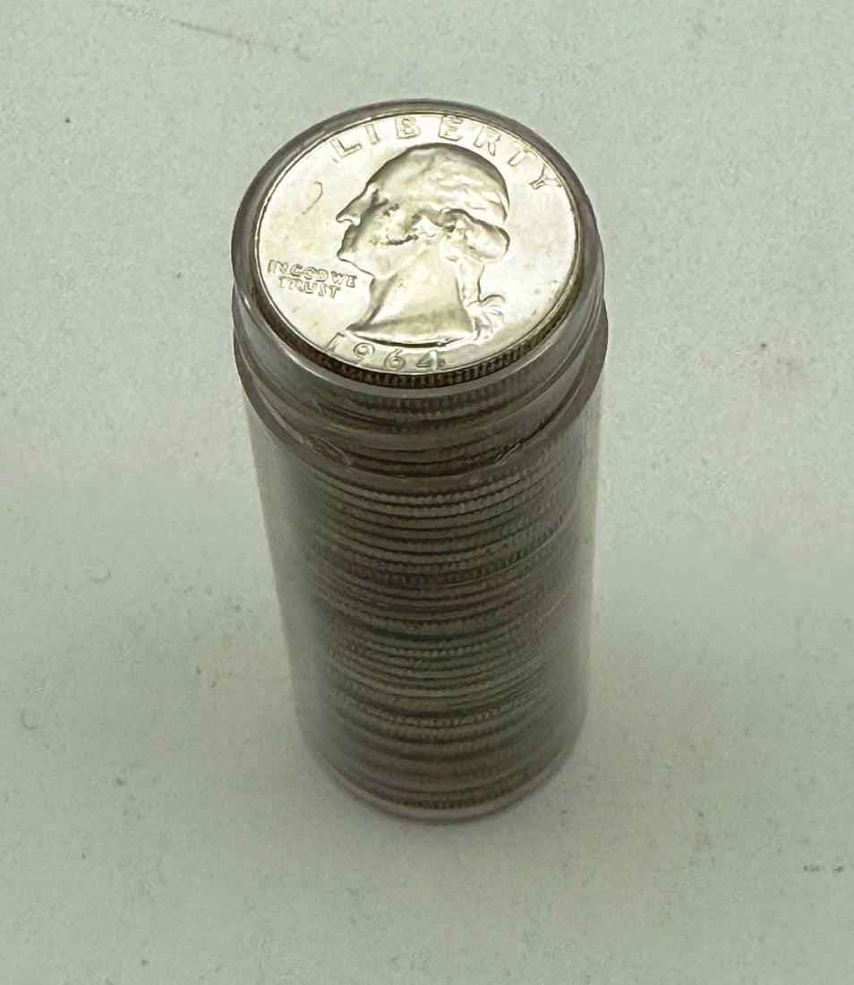 Roll of (40) 1964 Washington Silver Quarters: Roll of (40) 1964 Washington Silver Quarters.