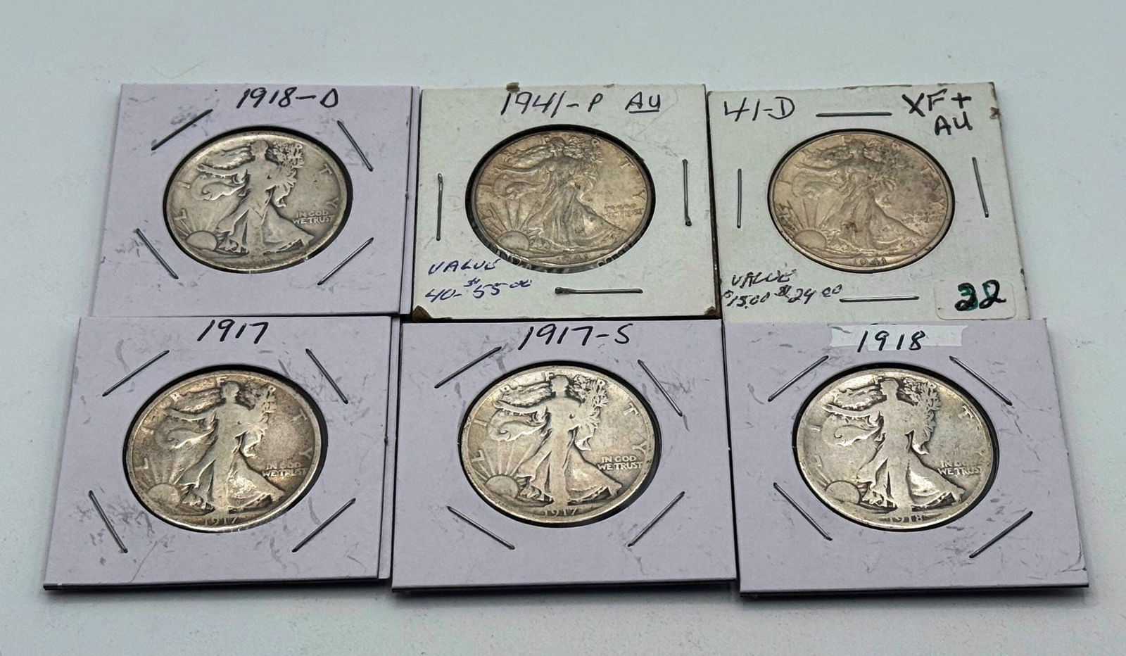 Group of (6) Walking Liberty 50C Half Dollar Coins: Group of (6) Walking Liberty 50C Half Dollar Coins. Included are dates 1917, 1917-S, 1918, 1918-D, 1941 and 1941-D.