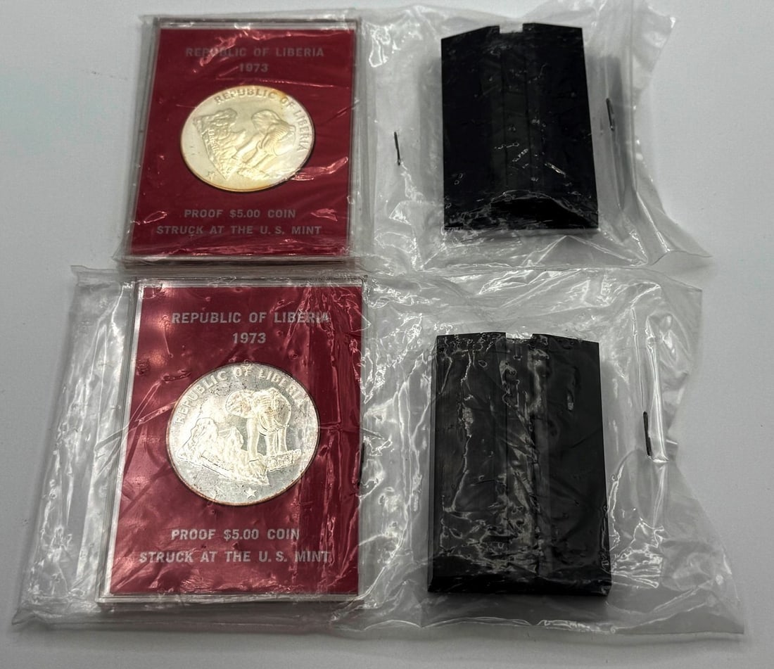 (2) 1973 Republic of Liberia $5 Silver Proof Coins Struck by The US Mint: (2) 1973 Republic of Liberia $5 Silver Proof Coins Struck by The US Mint with two coin holders. These coins are 90% silver.