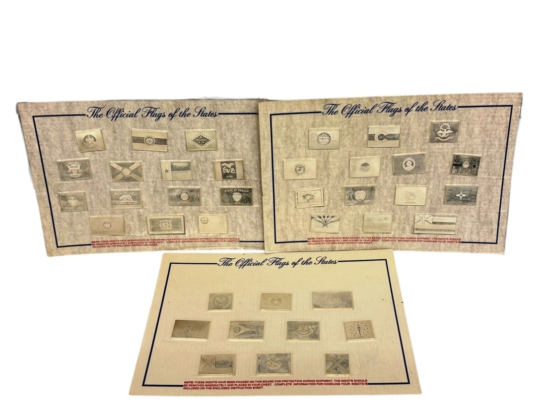 Franklin Mint Large "The Official Flags of The States" Sterling Silver Ingots: Franklin Mint Large "The Official Flags of The States" Sterling Silver Ingots. This group of sterling silver ingots contains 38 of 50 original flags in the collection. Released from 1973 - 1974, the