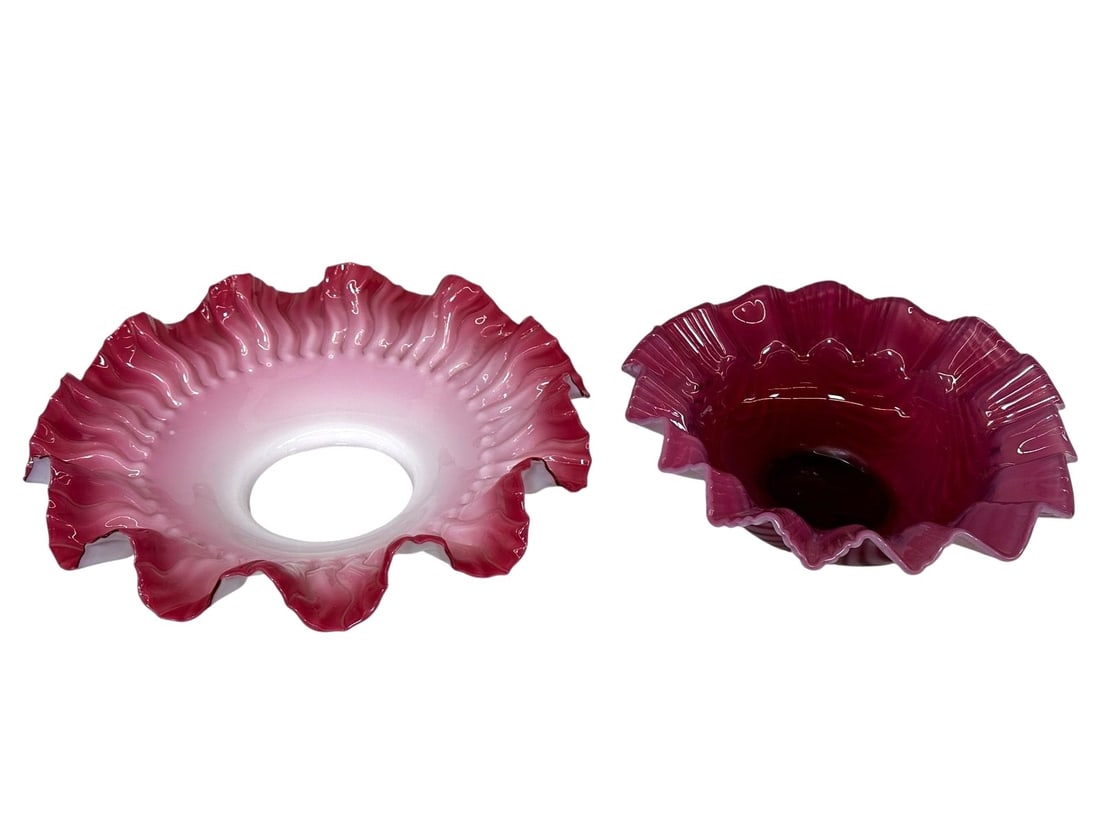(2) Pieces Fenton Cranberry Opalescent Ruffled Dishes (1 of 3)