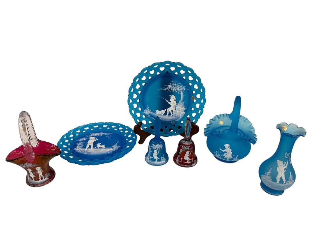 Group of Mary Gregory Glass: Group of Mary Gregory Glass: includes (2) bells one is Westmoreland, (2) reticulated plates 8", (2) baskets and (1) vase Westmoreland. Some pieces signed.
