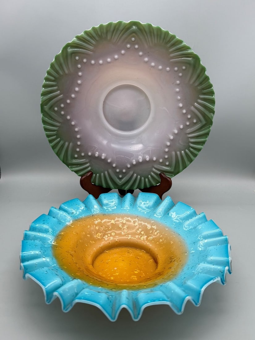 (2) Pieces of Glass Murano Art Glass, Victorian Satin Glass Bowl: (2) Pieces of Glass Murano Art Glass, Victorian Satin Glass Bowl: Murano 10.5" in diameter. Satin glass 12" in diameter.