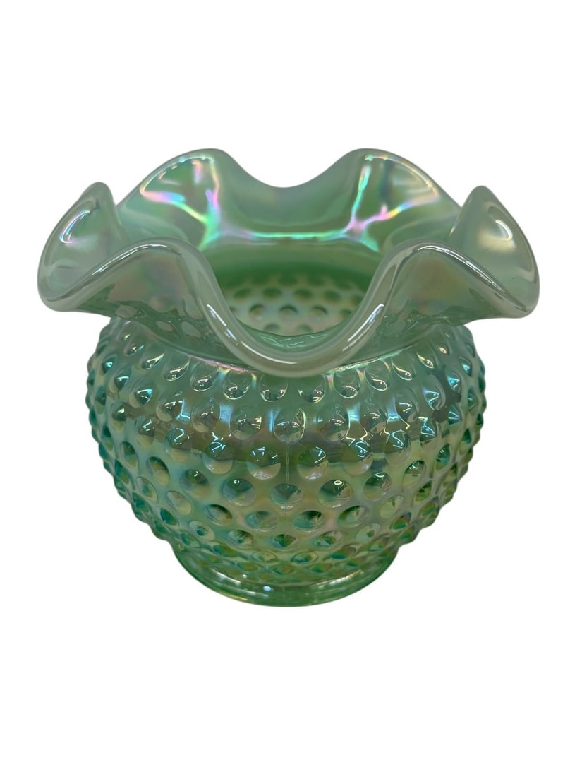 Fenton Hobnail Green Opalescent Rose Bowl: Fenton Hobnail Green Opalescent Rose Bowl: Measures 5" tall.