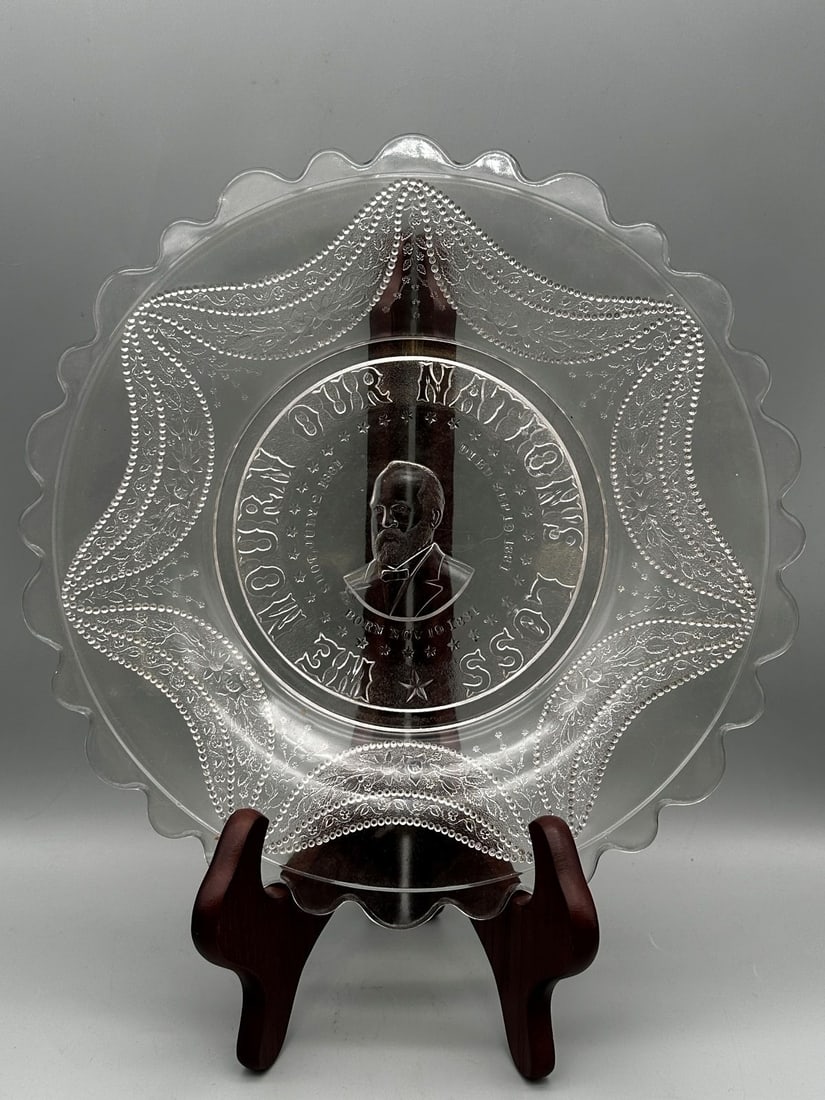 Pressed Glass Mourning Charger Plate President Garfield: Pressed Glass Mourning Charger Plate President Garfield: We Mourn our Nations Loss measuring 11.5" in diameter.