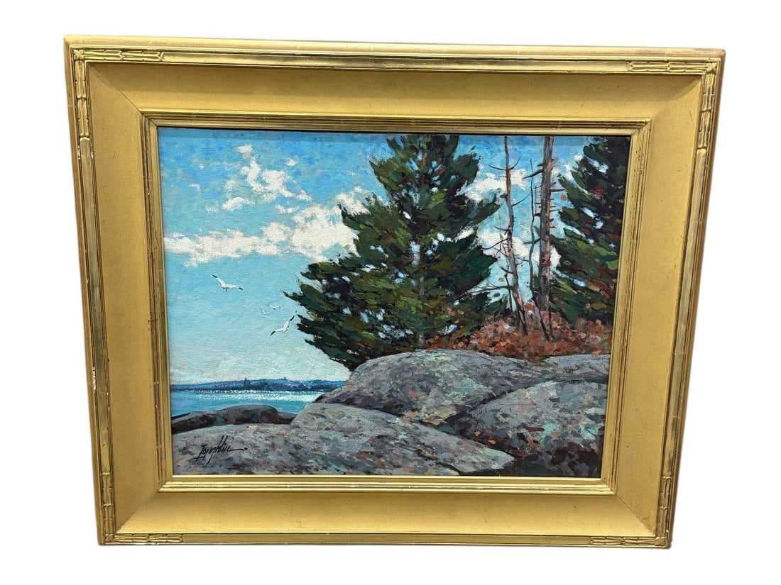 John Loughlin Oil on Canvas "Otter Point, Acadia": John Loughlin Oil on Canvas "Otter Point, Acadia": Panel measures 16 x 20", framed piece measures 26.75 x 22.75".