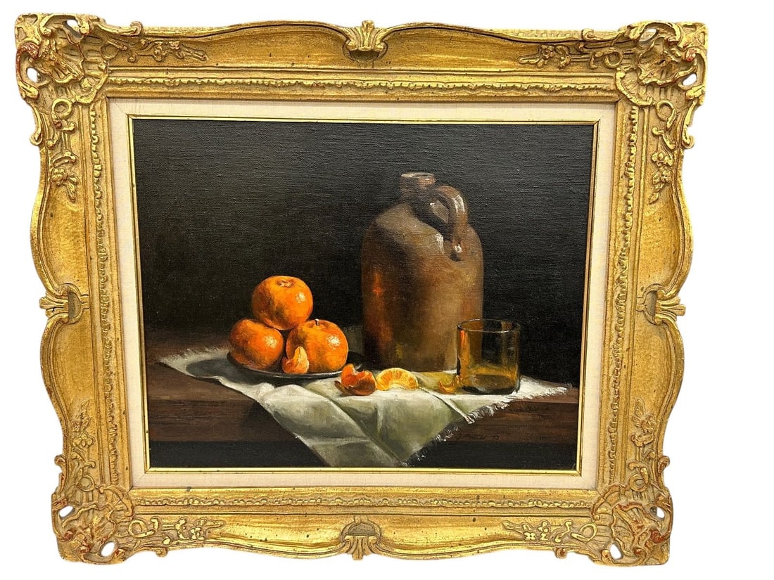 Joan Alex Potter (b.1935) Still Life Fruit Oil Painting Gilded Frame: Joan Alex Potter (b.1932) Still Life Fruit Oil Painting Gilded Frame: Lovely painting of oranges and a jug. Signed lower right, in gilded frame, measuring 16 x 20". Potter, student of Massachusetts