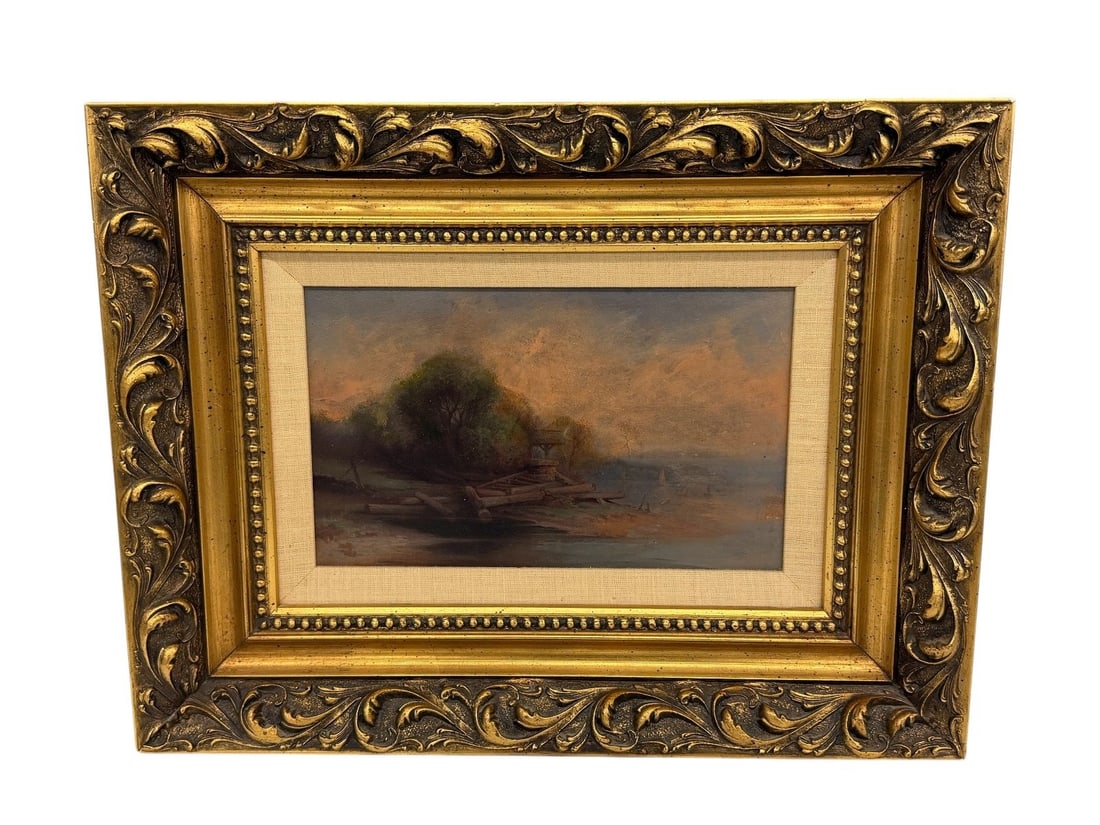 Oil Painting on Metal Landscape in Gilt Frame: Oil Painting on Metal Landscape in Gilt Frame: Painting measures 13 x 8", framed piece measures 16 x 21". Unsigned.