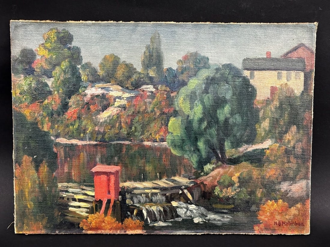 Oil on Canvas Country Landscape Attached to Board Signed H.G. Holmbes: Oil on Canvas Attached to Board Signed H.G. Holmbes: Unframed and measuring 14 x 10". Country Landscape.