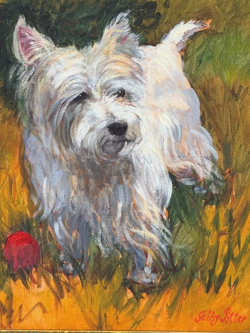 Jebby Potter Oil on Board Terrier Dog in Gilt Frame (1 of 4)