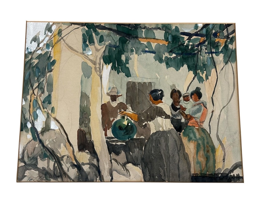 Original Watercolor on Cardboard Getting Water at Well Signed (1 of 4)