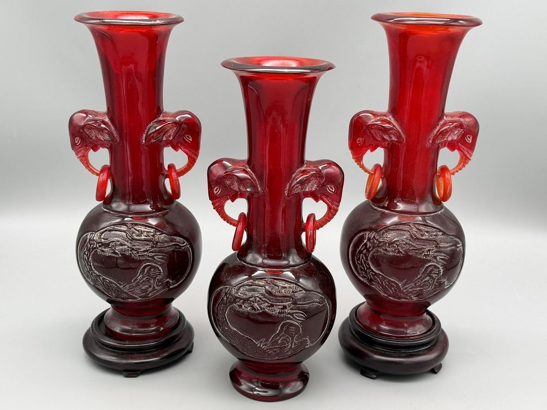 (3) Chinese Cherry Amber Vases Elephant Handles: Chinese Cherry Amber Vases Elephant Handles: Measure 9", elephant handle rings. Possibly Qing Dynasty.