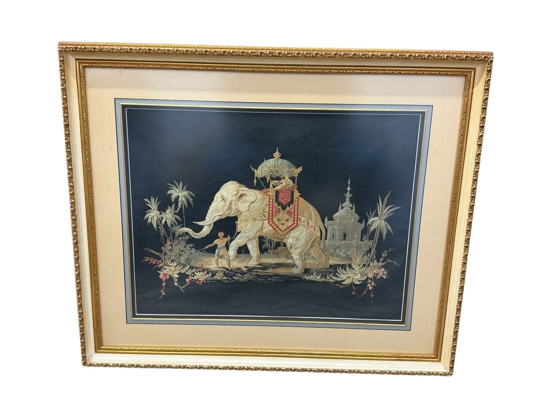 Elephant Needlepoint on Silk: Elephant Needlepoint on Silk: Matted and framed measuring 29.75 x 24.75".