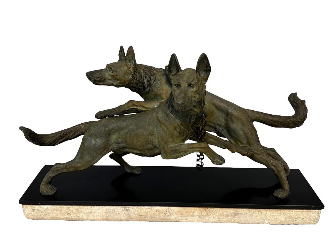 After Edouard Drouot (French, 1859-1945) Metal Sculpture Two German Shepherds on Marble Plinth (1 of 8)