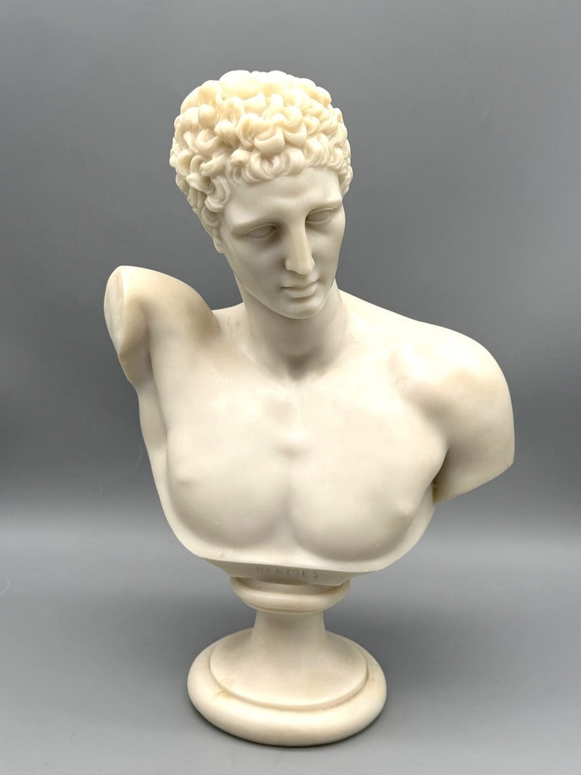 Hermes of Praxiteles Alabaster Bust Signed Knossos: Hermes Alabaster Bust Signed Knossos: Made in Greece, measures 12.5" tall.