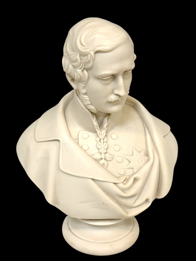 Parian Ware Prince Albert Sculpture J.S. Westmacott Copeland: Parian Ware Prince Albert Sculpture J.S. Westmacott: Measures 11" tall, signed on back.