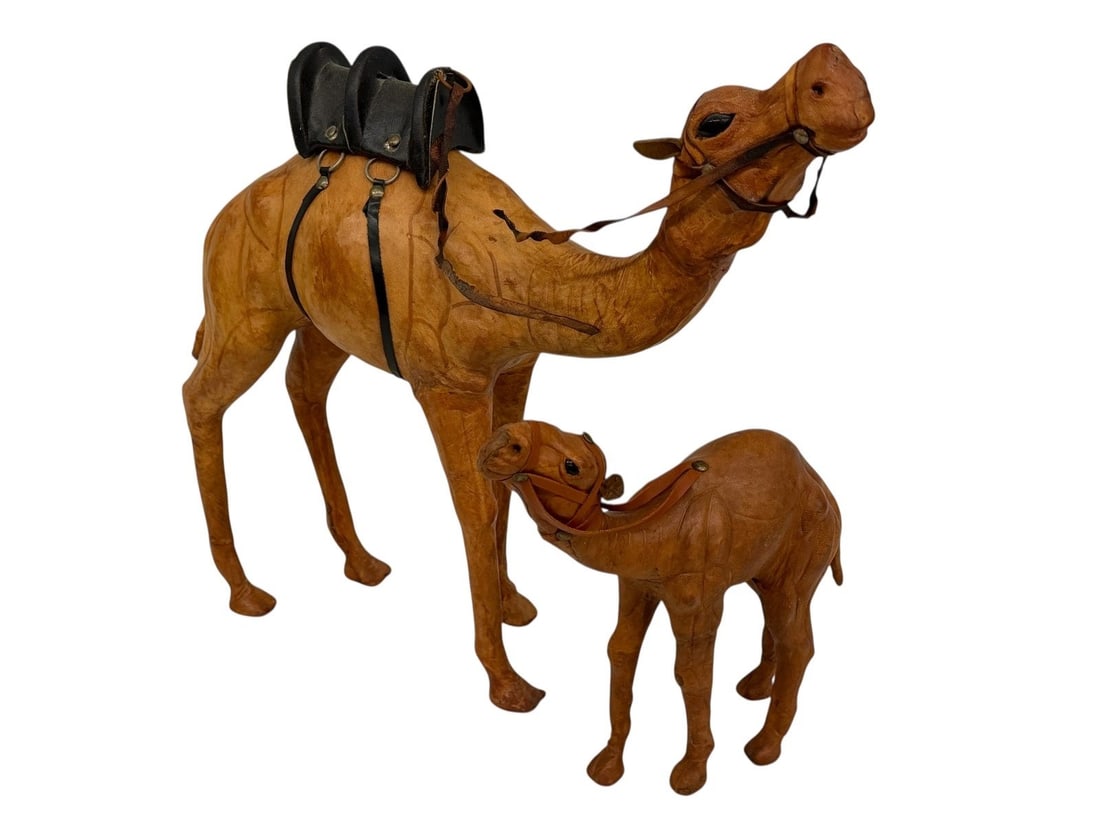 (2) Leather Wrapped Camel Figures: (2) Leather Wrapped Camel Figures: Includes mom and baby measuring 9" and 14".