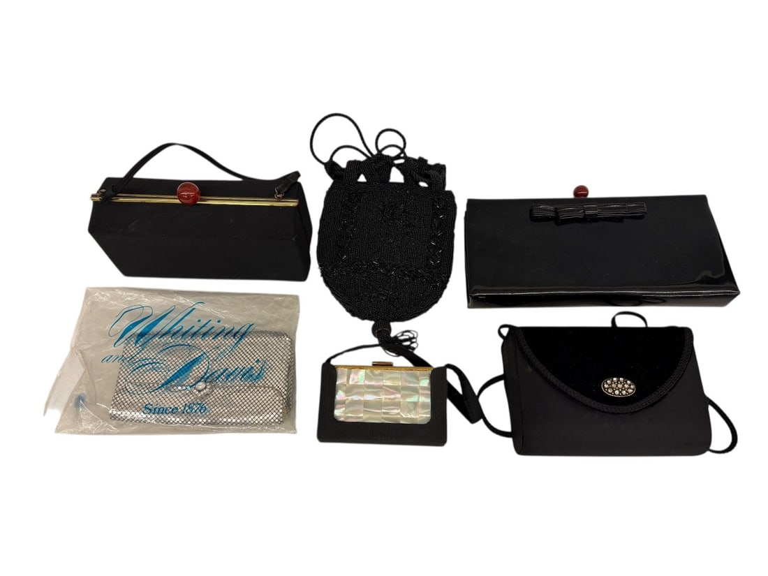 (6) Ladies Clutches Including Whiting and Davis in Original Bag: (6) Ladies Clutches Including Whiting and Davis in Original Bag: Includes MOP makeup case, black sequin bag, and 3 others.