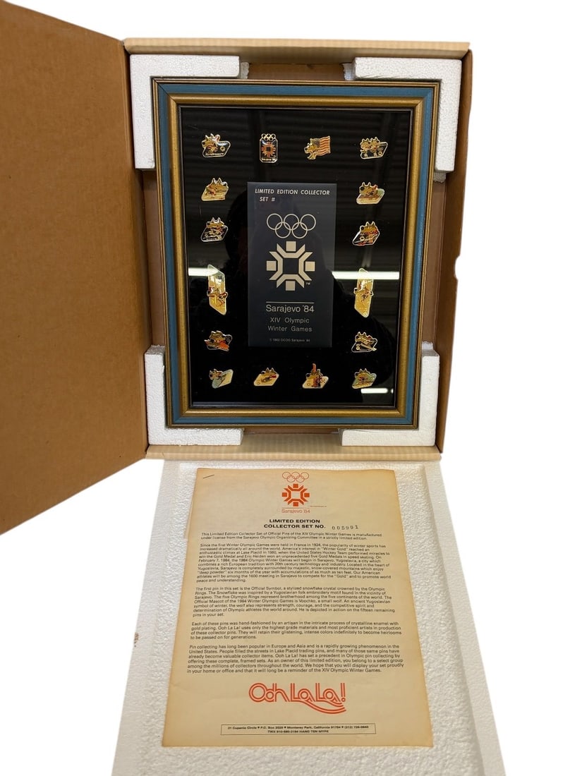 Limited Edition Sarajevo 1984 Olympic Pin Framed Set Original Box: Limited Edition Sarajevo 1984 Olympic Pin Framed Set Original Box: Includes 16 pins COA number #005991, comes with original box.