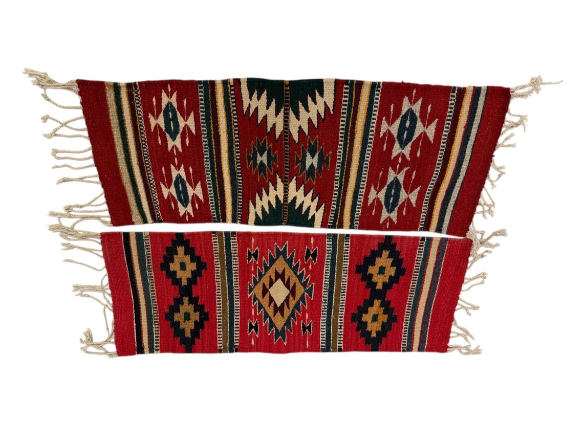 (2) Small Mexican Zapotec Style Motif Textiles: (2) Small Mexican Zapotec Style Motif Textiles: Measuring without tassels are 29.5 x 11.5", 30.25 x 11.75".