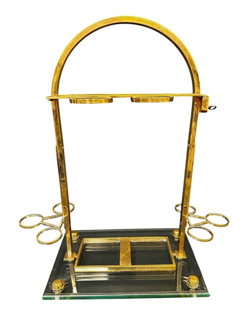 Spanish Brass & Crystal Tantalus: Spanish Brass & Crystal Tantalus Bar Stand: Measures 14.25" tall, 12.5" wide.
