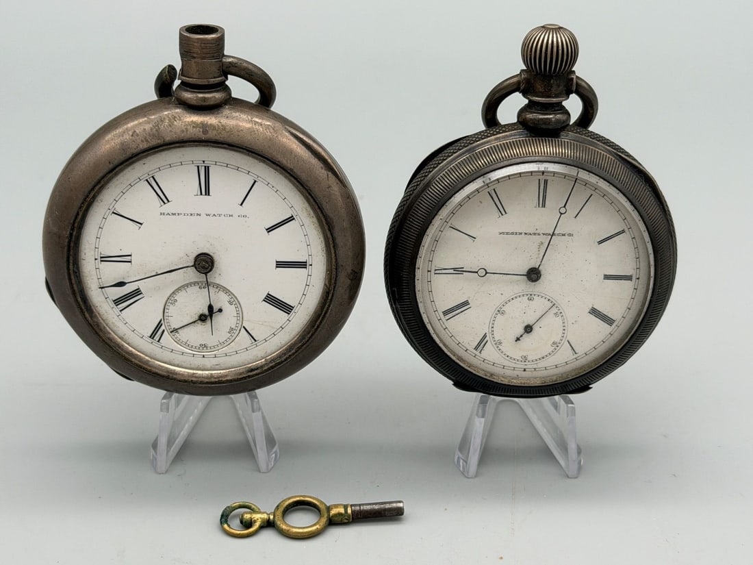 (2) Coin Silver Pocket Watches Hampden, and Elgin (1 of 10)