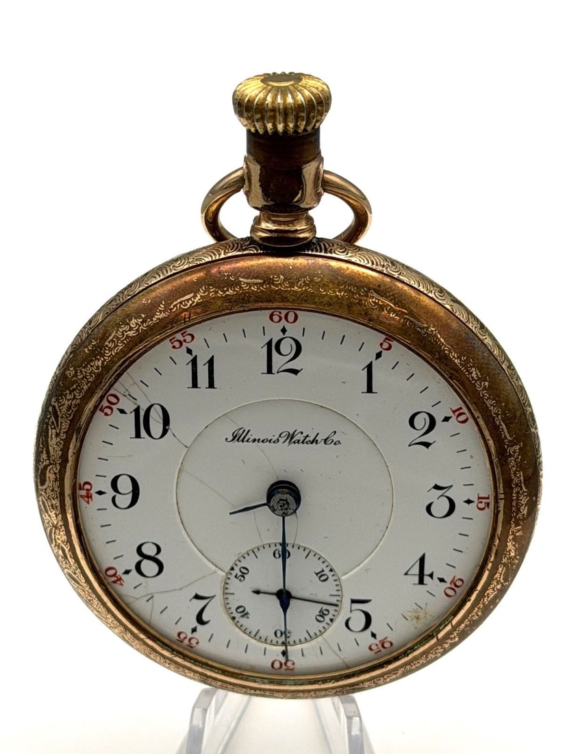 1907 Illinois Gold Filled Pocket Watch: 1907 Illinois Gold Filled Pocket Watch: Movement 1943499. Grade 69, model 6, 17 jewel, 18s. No crystal, and cracks on enamel face.