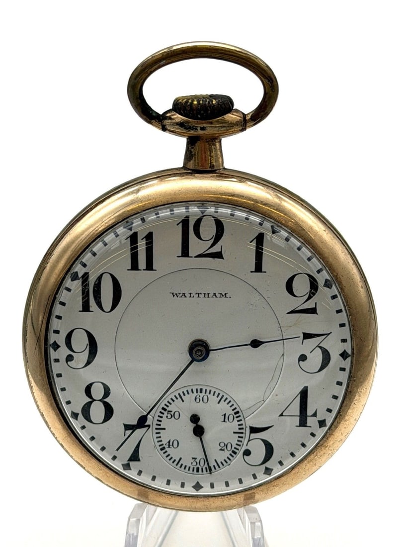 1918 Waltham Gold Filled Pocket Watch: 1918 Waltham Gold Filled Pocket Watch: Serial number 22183717, model 1908, 16s, railroad grade, 21 jewel, No. 645, 5 position. A few small cracks on enamel face.