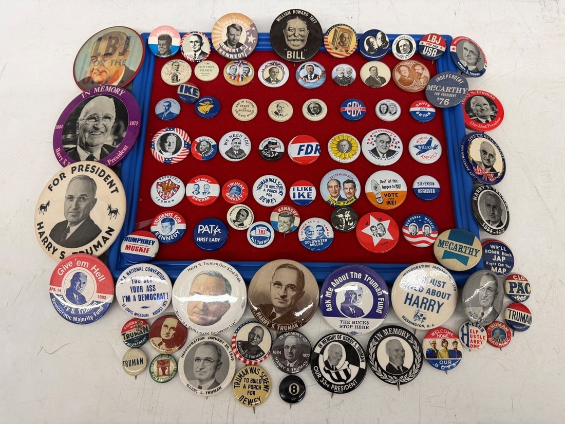 Group of Political Buttons Truman, Wilson, Teddy Roosevelt, Kennedy, Taft, William Bryan (1 of 15)