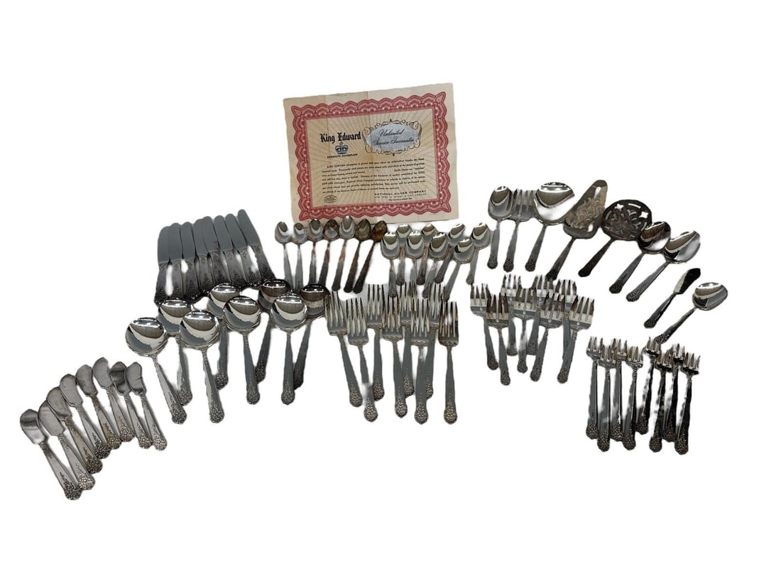 National Silver Co. Silverplate Flatware Set "King Edward" 73 Pieces: National Silver Co. Silverplate Flatware Set "King Edward": Service for 8 plus extras. Includes (8) each of the following cocktail forks 6", small forks 6", large forks 7.5", bouillon spoons 7", iced
