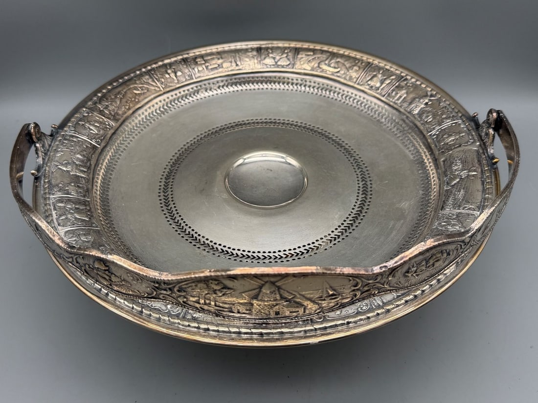 Silver Plate Bride's Handled Basket BRSM Co. Hand Hammered Dutch Scene (1 of 8)