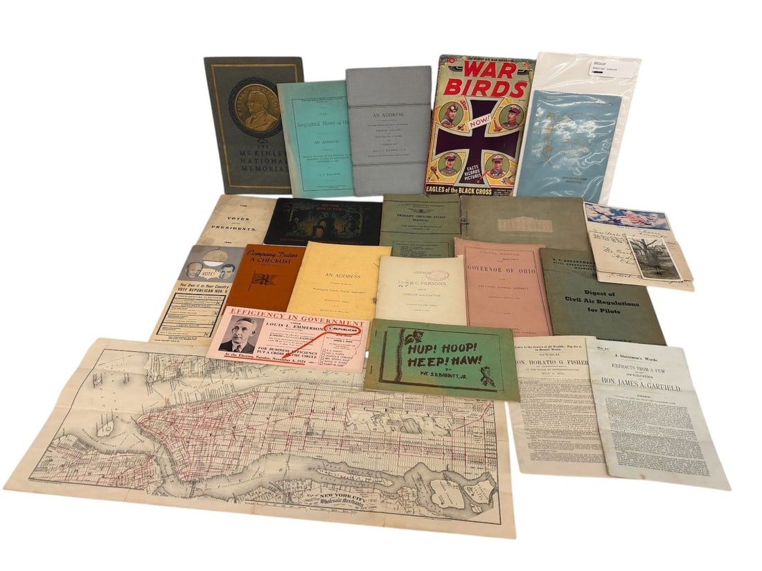 Group of Ephemera With Military Theme: Group of Ephemera With Military Theme: Includes Extracts from Garfield speeches, excerpts from Horation Fisher, civil air regulations, McKinley romance Memorial, letter and envelope and photo from