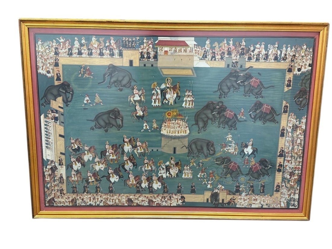 Rajasthani Mughal Art Elephant Fighting Painting on Silk: Rajasthani Mughal Art Elephant Fighting Painting: Measuring 47.75 x 33.5".