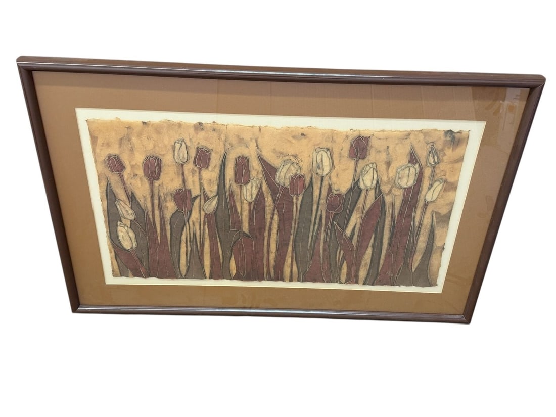 Batik Art Work Tulips Matted and Framed: Batik Art Work Tulips Matted and Framed: Measuring 35.75 x 22.75".