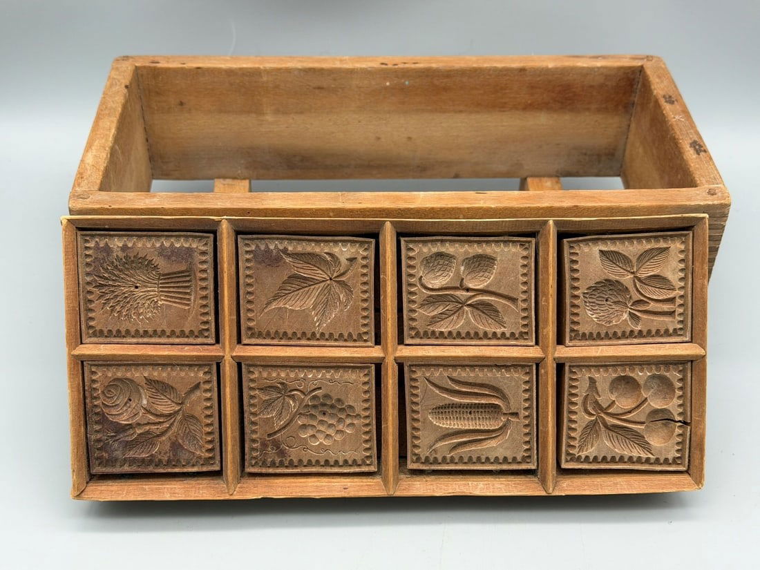 Antique Wooden 8 Slot Butter Mold With Wooden Rest: Antique Wooden 8 Slot Butter Mold With Wooden Rest: Measures 3.5: tall, 11 x 6.5" with feet.