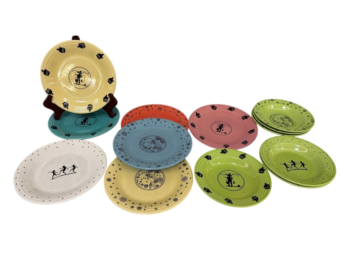 Homer Laughlin Fiesta Ware MegaChina Group: Homer Laughlin Fiesta Ware MegaChina Group: (6) bowls, (7) dinner plates, in different colors and styles. Bowls measure 9", and plates measure 10.5. Patterns include Moonshine, Mystique, and