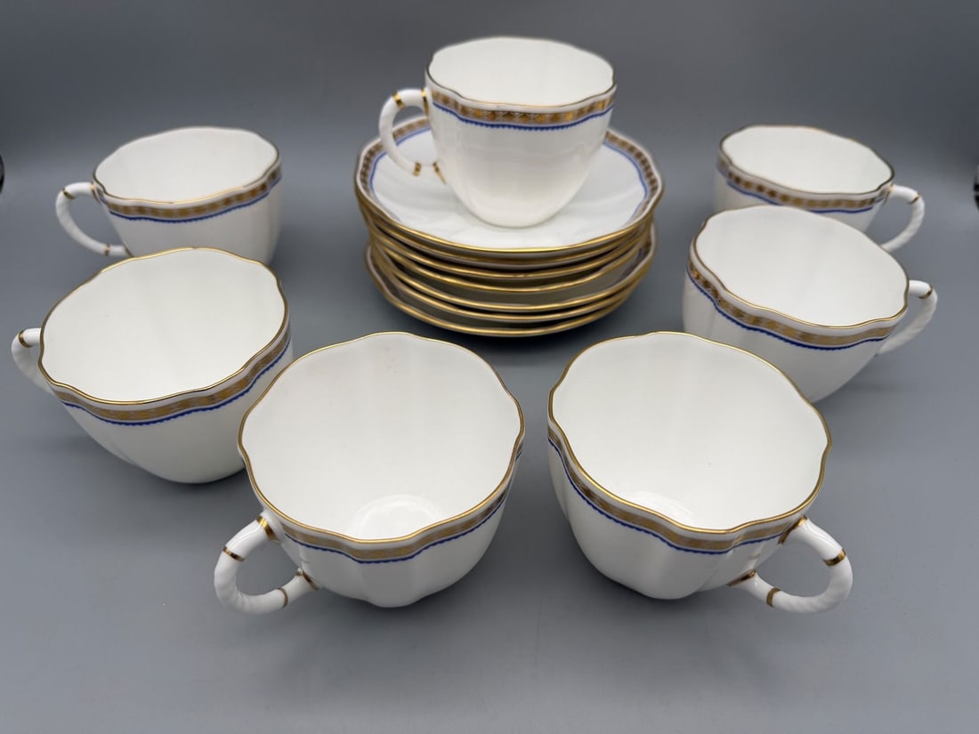 (7) Royal Crown Derby Tea Cups and Saucers; Carlton Blue: (7) Royal Crown Derby Tea Cups and Saucers; Carlton Blue