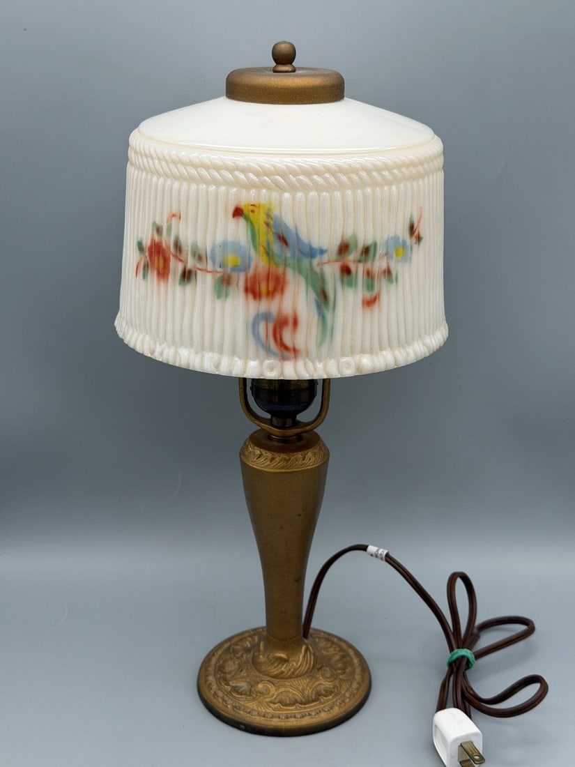 Aladdin Reverse Painted Parrot Table Lamp: Aladdin Base Reverse Painted Parrot Table Lamp: Signed on base, measuring 15.5" tall.