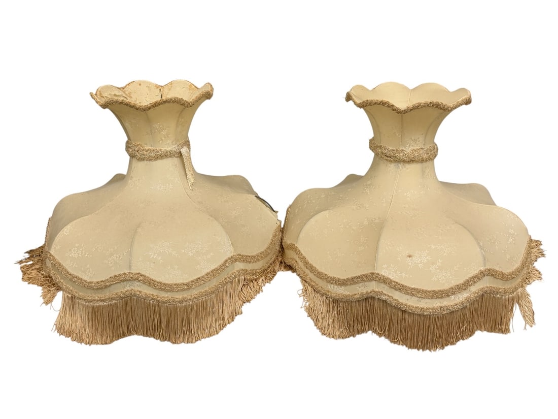 Pair Victorian Corset Shaped Large Lamp Shades: Pair Victorian Corset Shaped Large Lamp Shades: With fringe, measuring 22" in diameter, and 16" tall. Both need reupholstered. There are tears in both.
