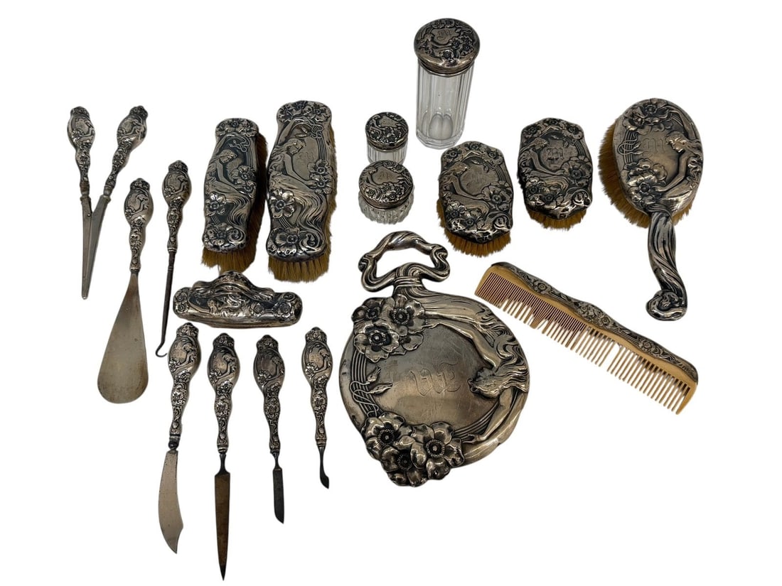 RARE (18) Piece Unger Brothers Sterling Silver Art Nouveau Dresser Set (1 of 14)