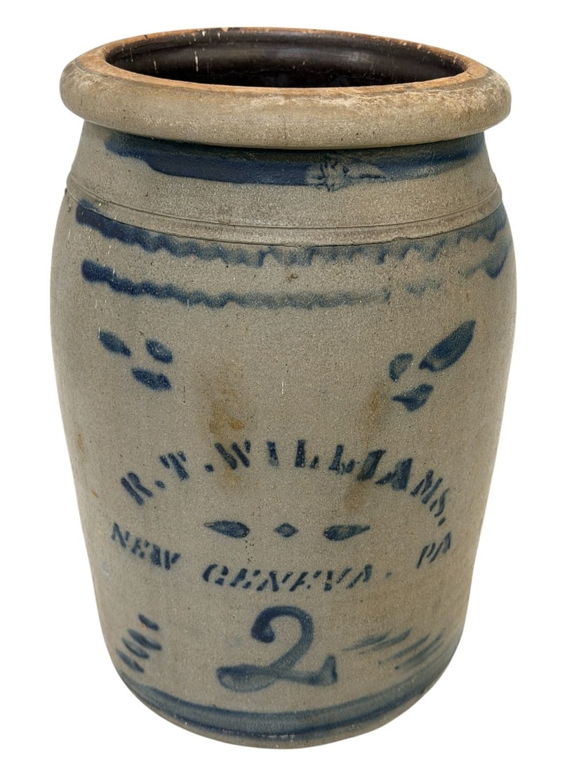 R.T. Williams 1890's 2 Gallon Stoneware Crock: R.T. Williams 1890's 2 Gallon Stoneware Crock: Measures 12" tall, 6" wide.
