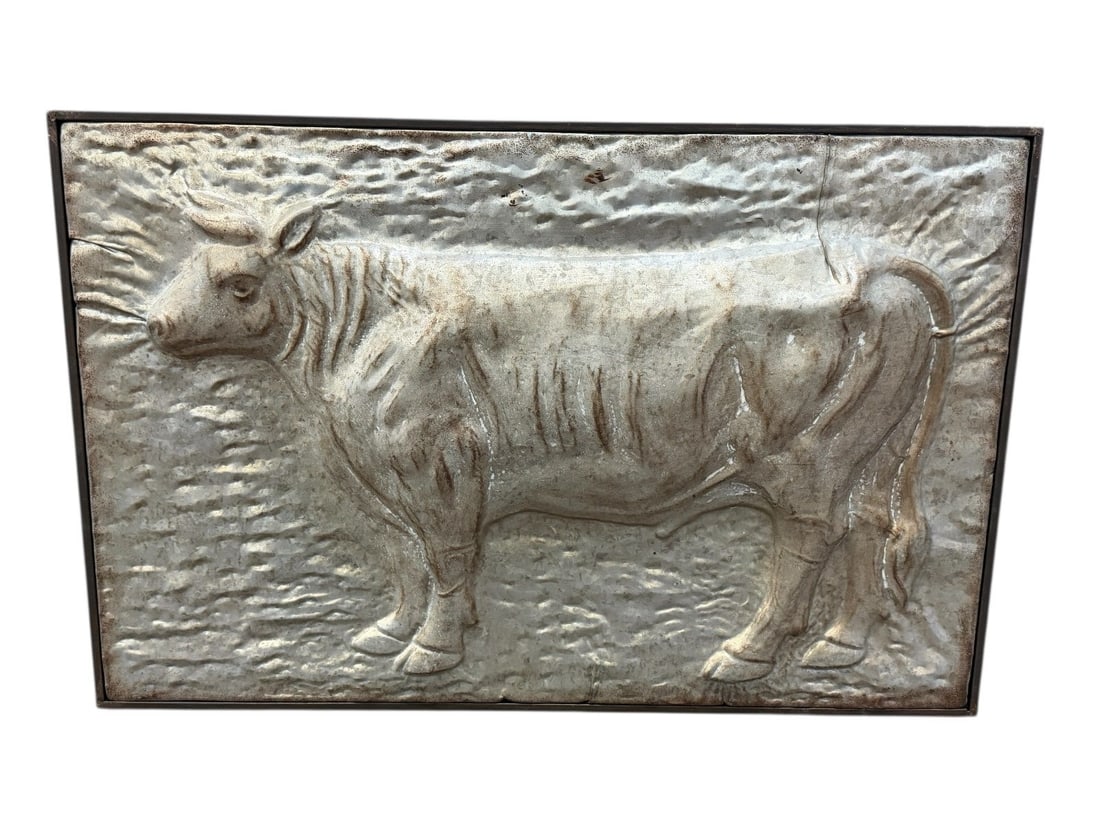 Metal Embossed Hammered Tin Framed Cow: Metal Embossed Hammered Tin Framed Cow: Measuring 28.25" x 18.5".