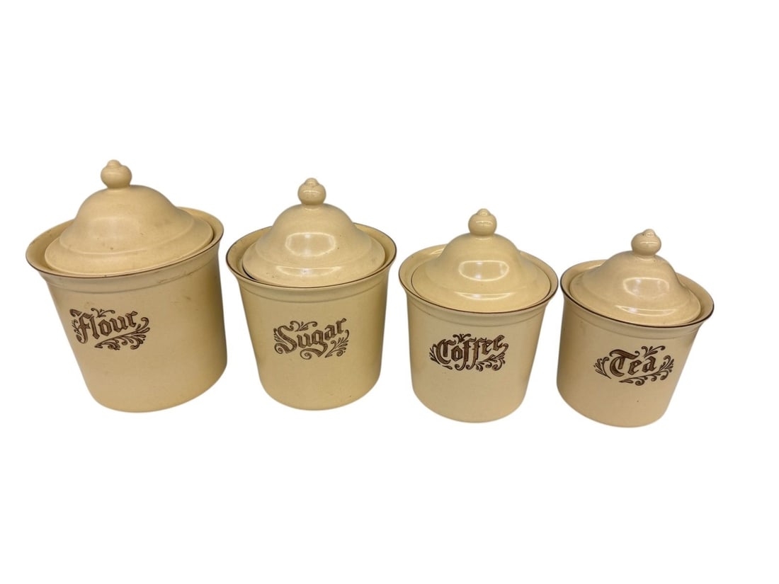 Pfatzgraff Village Stoneware Cannister Set: Pfatzgraff Village Stoneware Cannister Set: Group of 4, includes flour, sugar, coffee, tea.