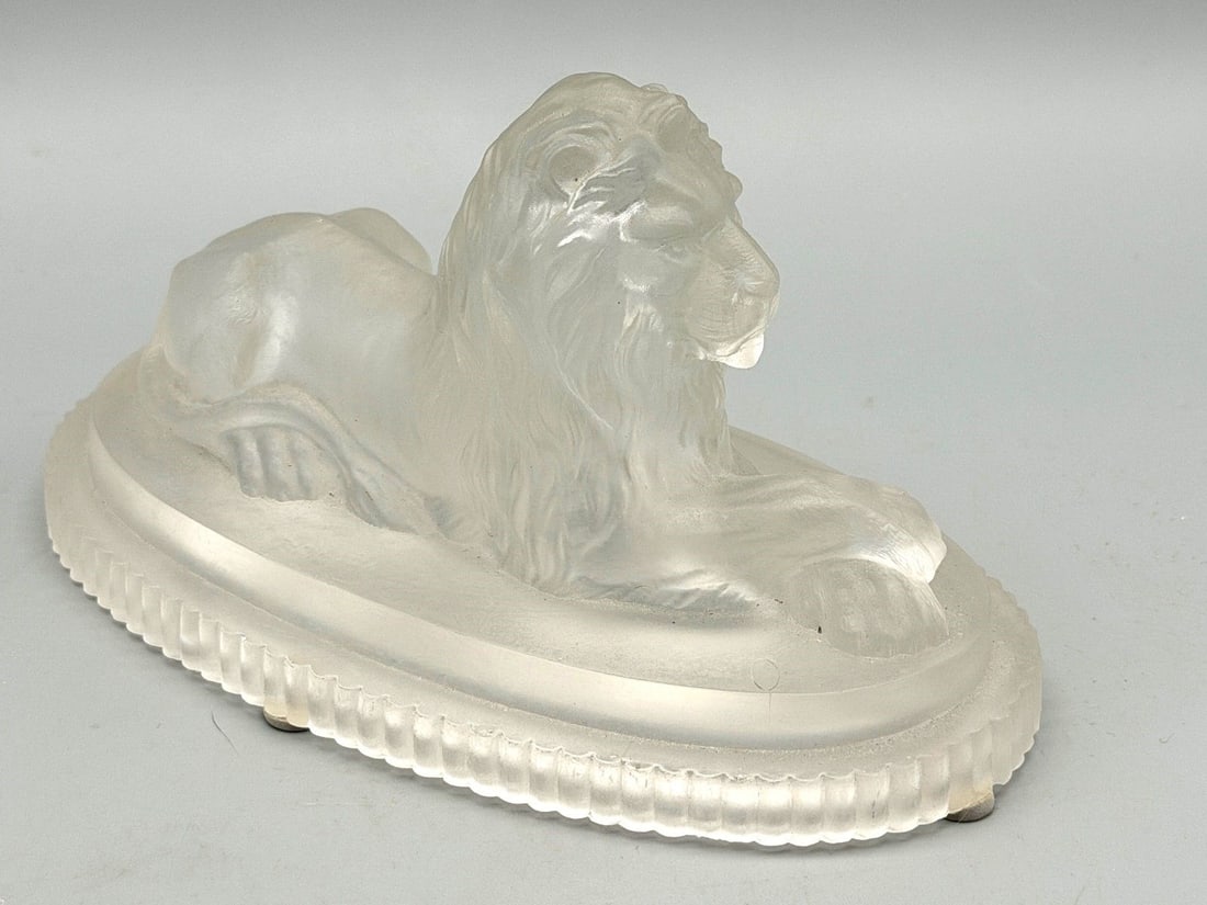 John Derbyshire Frosted Glass Lion Paperweight: John Derbyshire 1874 Frosted Glass Lion Paperweight: Measuring 3.75" tall, 6.5 x 3.5".