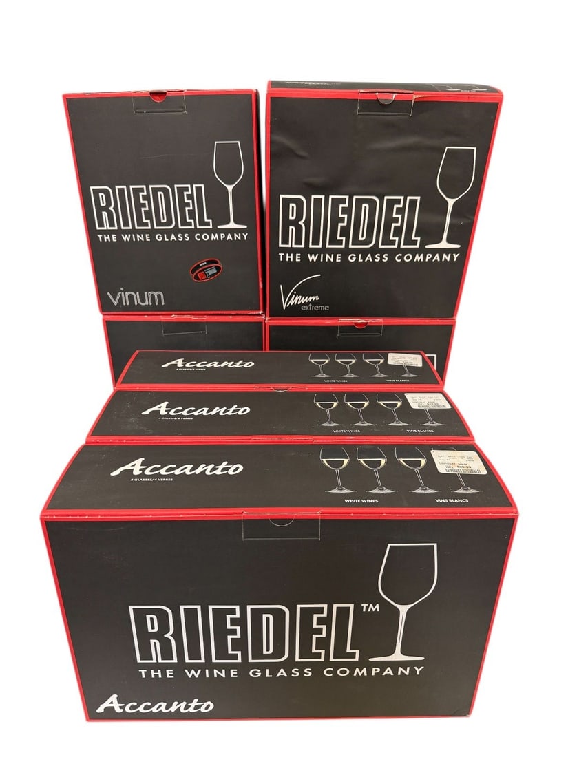 (7) Boxes of Riedel Wine Glasses New: (7) Boxes of Riedel Wine Glasses New: Includes (3) boxes of 4 glasses for white wine, (2) boxes of 2 each for Cabernet wine, (2) boxes of 2 each Syrah.