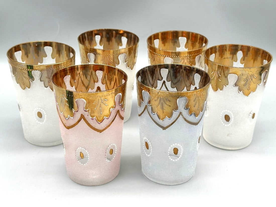 (6) Bohemian Gilt Glass Liqueur Glasses: (6) Bohemian Gilt Glass Liqueur Glasses: All measure 4" tall, one pink and blue.