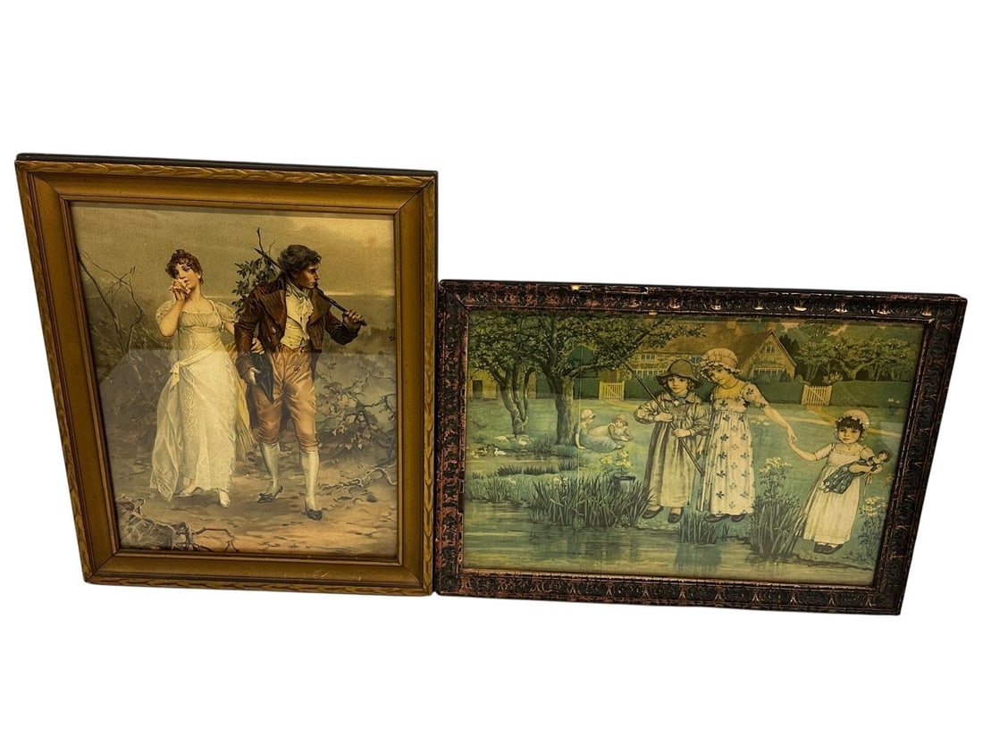 (2) Vintage Lithographs: Kate Greenaway, French Regency: (2) Vintage Lithographs: Kate Greenaway, French Regency: Greenaway litho measures 17.5 x 13", Man and Woman measures 16.5 x 13.5".