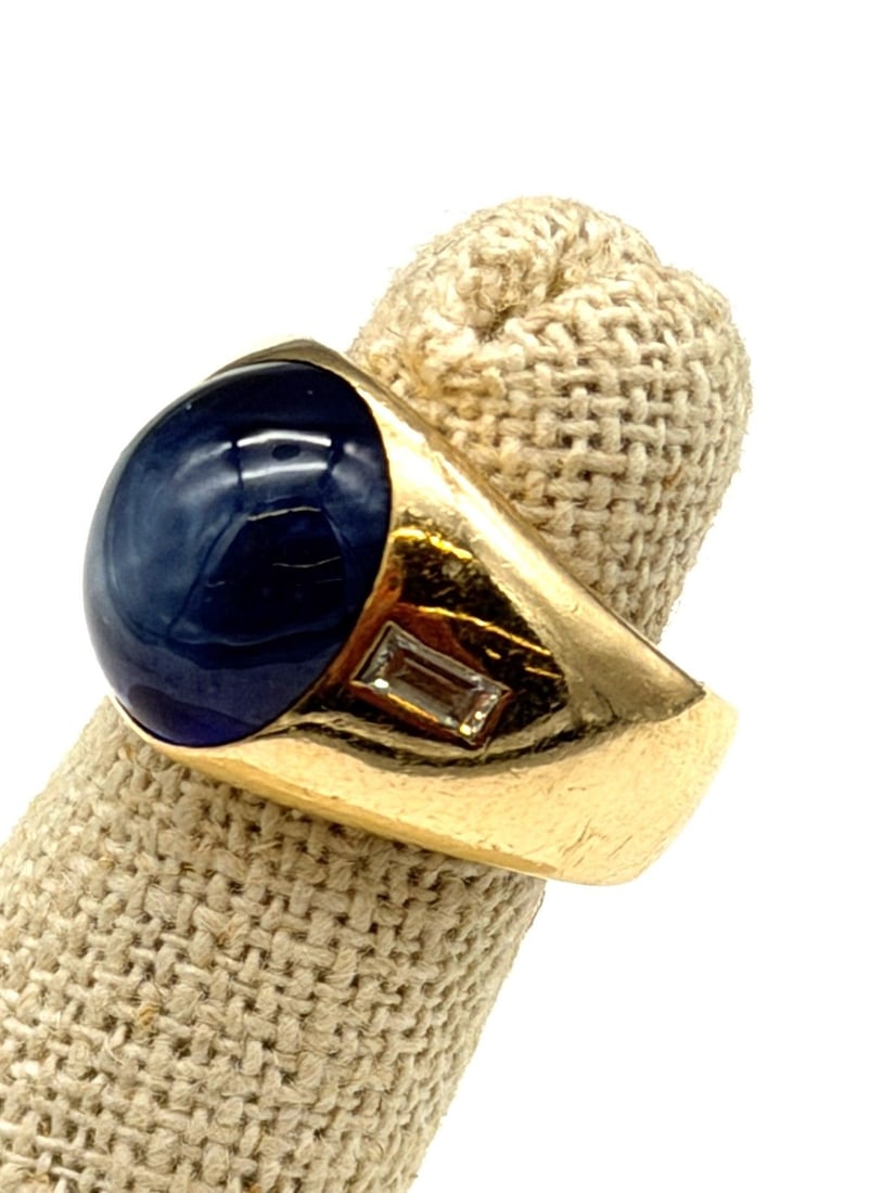 14k Gold Star Sapphire Cabochon Ring, Baguette Diamonds (1 of 4)