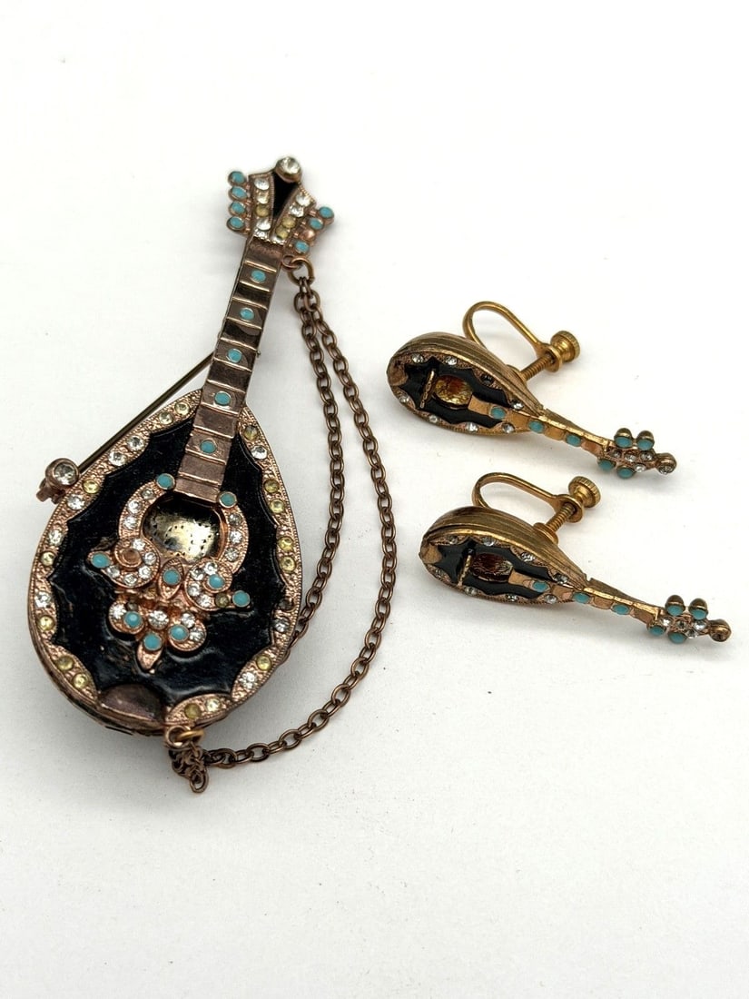Unsigned Robert Mandel Gold Plated Sterling Silver Mandolin Brooch and Earrings Set: Unsigned Robert Mandel Gold Plated Sterling Silver Mandolin Brooch and Earrings Set: With seed turquoise and pearls.